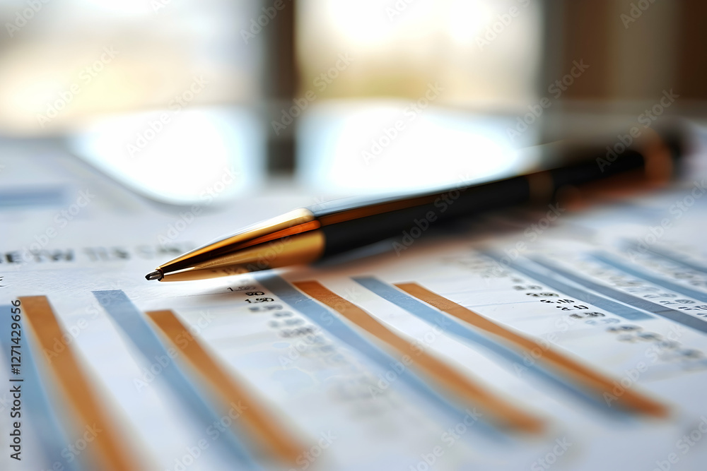 Close-up of a pen resting on financial documents with graphs and charts, indicating analysis Close-up of a pen resting on financial documents with graphs and charts, indicating analysis