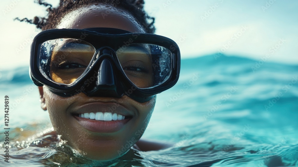 Fototapeta premium A diver wearing a snorkeling mask is smiling joyfully while floating in bright blue ocean water