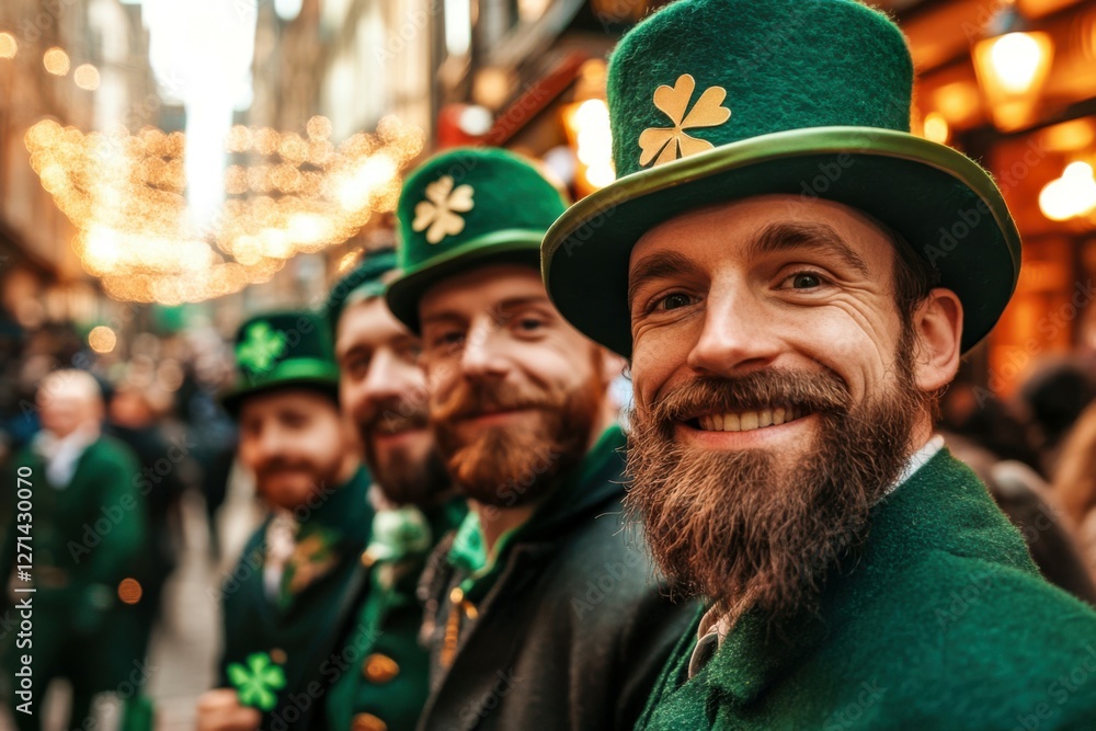 close up shot of A group of men dressed in green for St. Patrick's Day, posing near a traditional Irish pub, with a leprechaun mascot and glowing lanterns adding to the lively street celebration close up shot of A group of men dressed in green for St. Patrick's Day, posing near a traditional Irish pub, with a leprechaun mascot and glowing lanterns adding to the lively street celebration