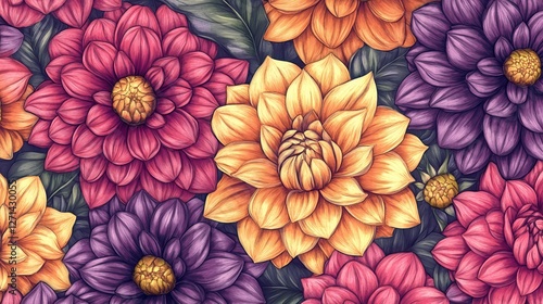 Seamless pattern featuring hand-drawn dahlia flowers in vibrant colors, showcasing intricate details and floral beauty, perfect for textiles, wallpapers, and stationery designs.