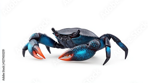 A vibrant blue and black crab with striking red claws, showcasing detailed textures ideal for marine-themed designs.