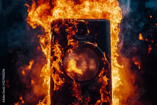Flames engulf speaker during an outdoor party at night creating a fiery spect...