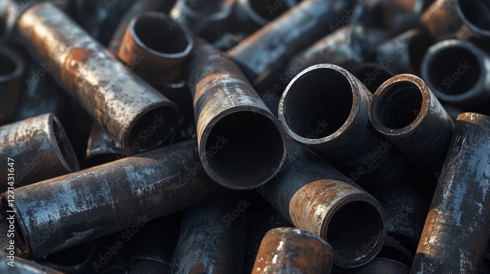 Close-up of a Pile of Rusty Metal Pipes; Industrial Material; Reclaimed Pipes; Manufacturing Equipment Close-up of a Pile of Rusty Metal Pipes; Industrial Material; Reclaimed Pipes; Manufacturing Equipment
