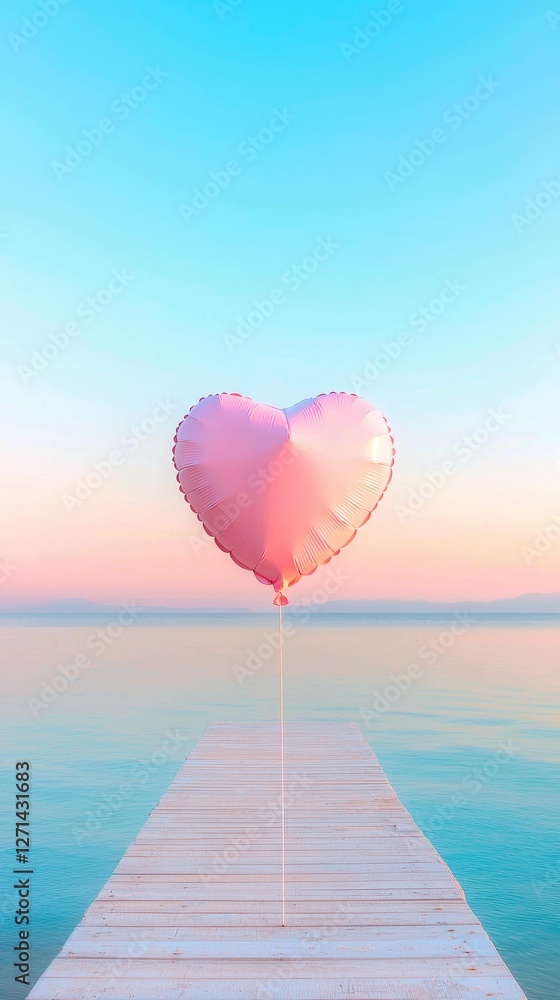 Obraz premium Serene Waterscape Pink Heart Balloon Above Wooden Pier Expressing Love and Hopeful Romantic Mood