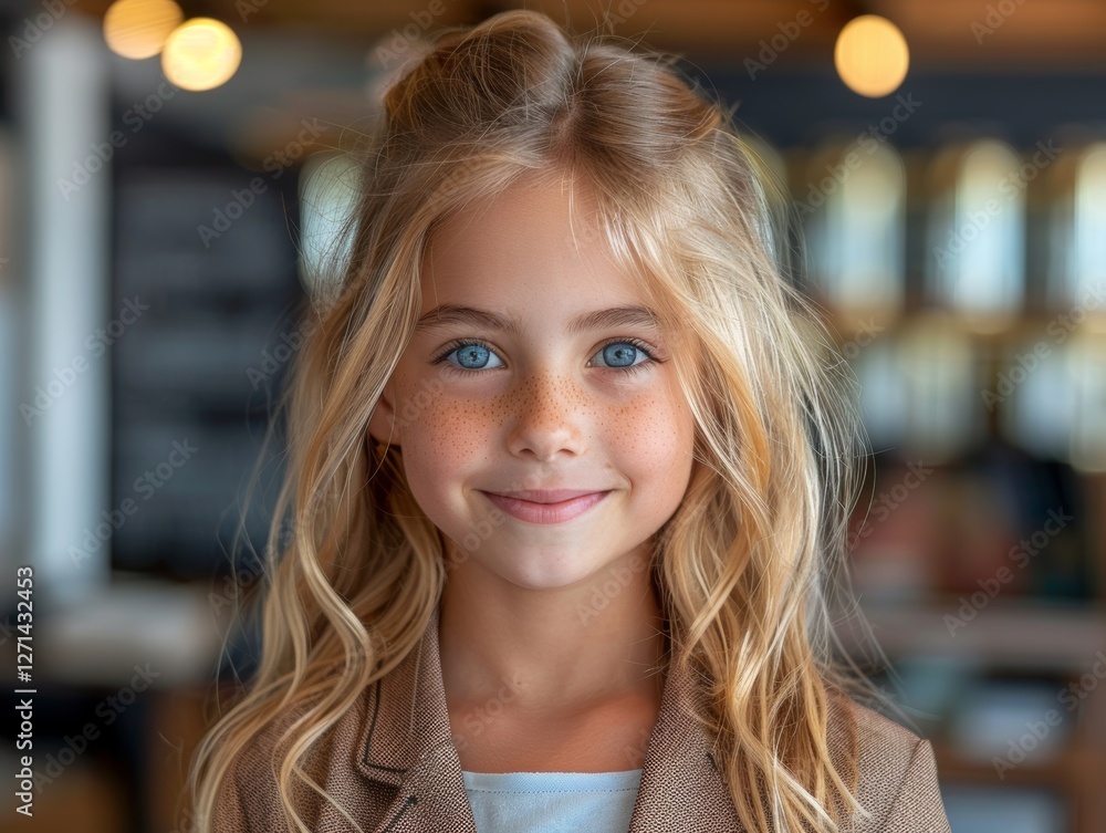 Fototapeta premium A young girl with long, blonde hair and bright blue eyes smiles softly, wearing a stylish plaid blazer. Her expression and attire create a charming, timeless look against a blurred background.