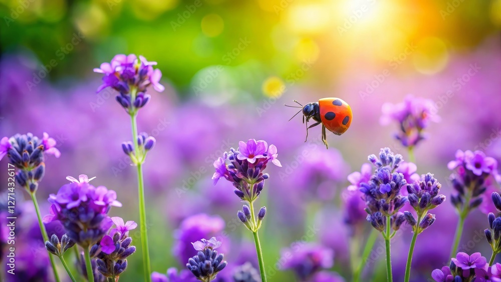 A vibrant ladybug in flight, approaching a cluster of delicate purple lavender blossoms bathed in sunlight. A vibrant ladybug in flight, approaching a cluster of delicate purple lavender blossoms bathed in sunlight.