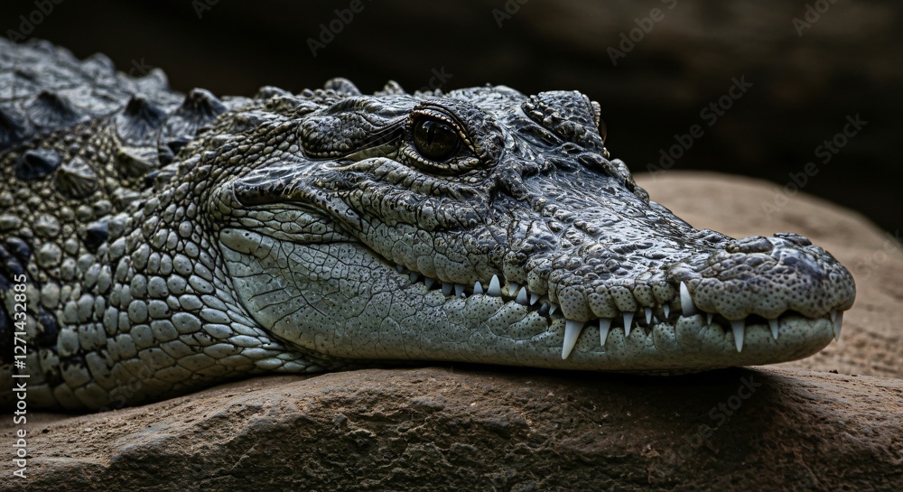 A powerful crocodile rests on a rock, its rough, scaly skin and sharp teeth visible in detail, with piercing eyes exuding primal strength and patience. A powerful crocodile rests on a rock, its rough, scaly skin and sharp teeth visible in detail, with piercing eyes exuding primal strength and patience.