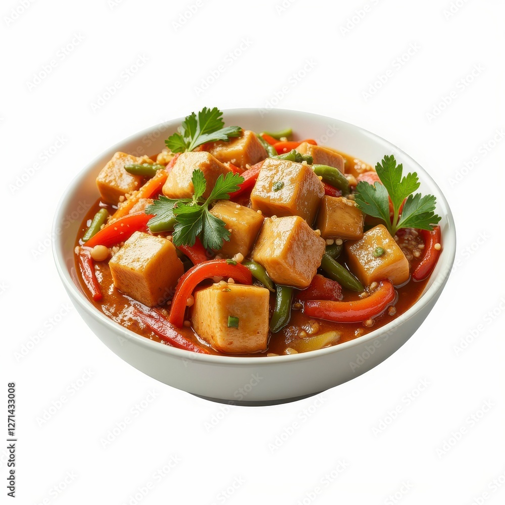 Tofu Delight Asian Inspired Dish with Red Bell Peppers Green Beans and Parsley Garnish in White Bowl Tofu Delight Asian Inspired Dish with Red Bell Peppers Green Beans and Parsley Garnish in White Bowl