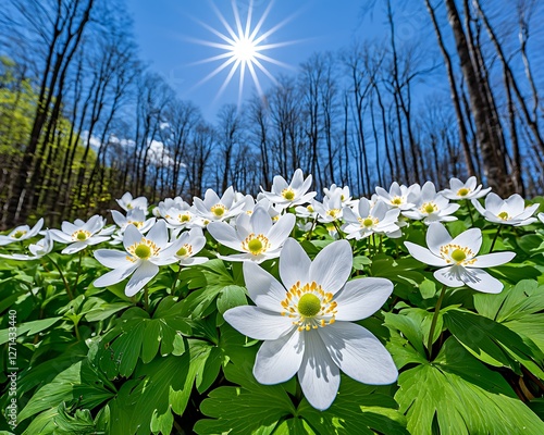 Springtime blossoms, forest floor, sunlight, wildflowers photo