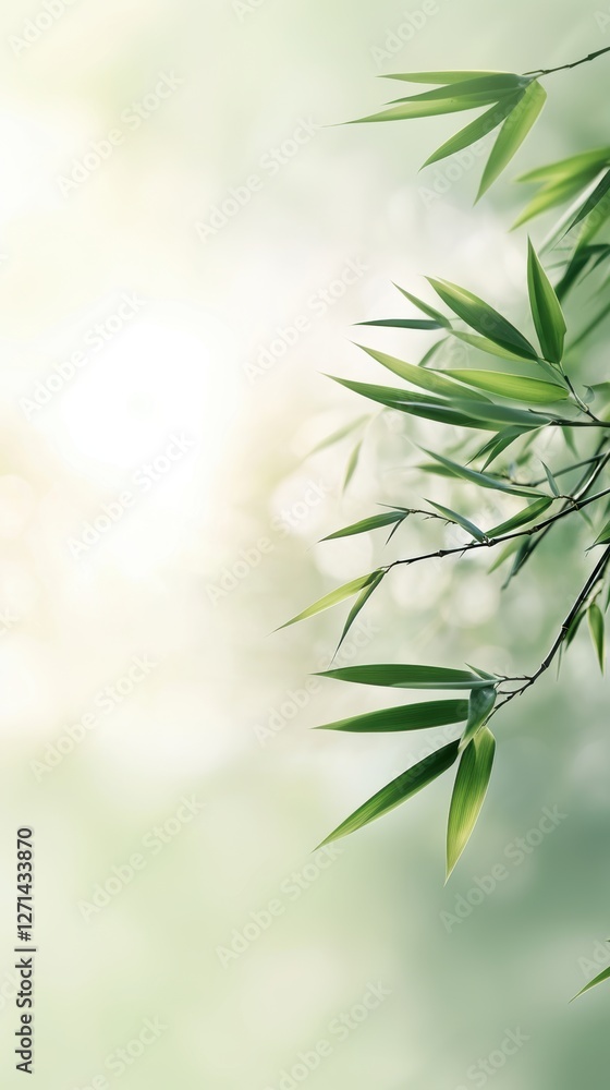 Naklejka premium Elegant Green Bamboo Leaves with Soft Sunlight and Bokeh Background