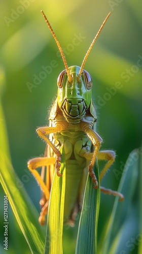 Close-up view of a vibrant green grasshopper perched on a leaf in soft daylight