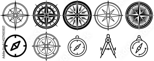 Compass Icons Set, Silhouette and Line Art Vector Illustration