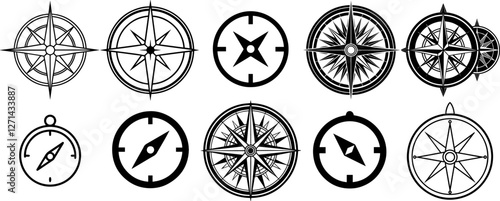 Compass Icons Set, Silhouette and Line Art Vector Illustration
