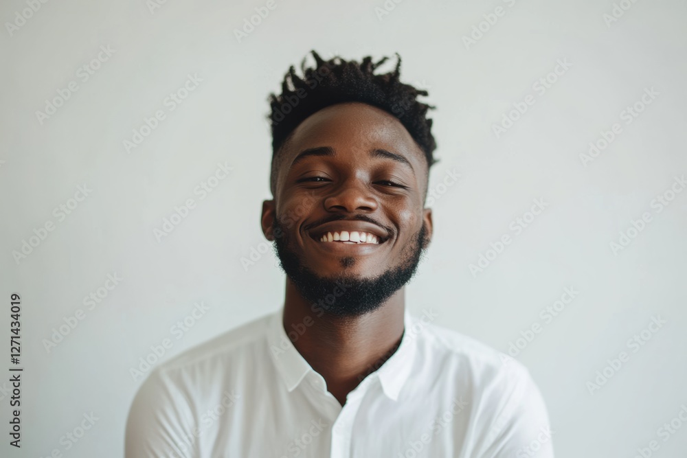 A black African man in white casual attire, smiling against a gray background, projects warmth and approachability with a charming demeanor. A black African man in white casual attire, smiling against a gray background, projects warmth and approachability with a charming demeanor.