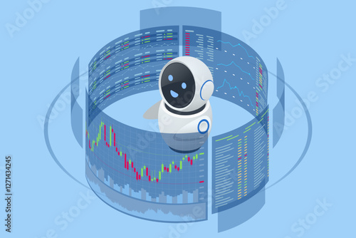 An isometric vector illustration of an AI trading robot analyzing stock market charts, surrounded by floating currency symbols. AI trading, algorithmic trading