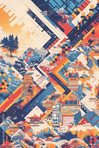 Abstract cityscape collage geometric patterns, architecture, nature blend