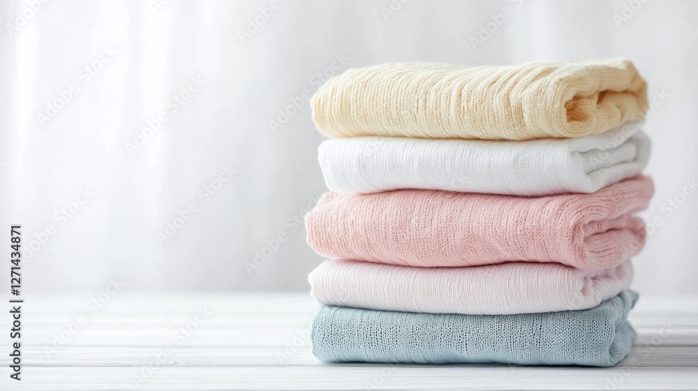 Soft pastel cotton clothes create a soothing visual stacked carefully on a white surface, evoking a sense of calm and comfort in a serene setting Soft pastel cotton clothes create a soothing visual stacked carefully on a white surface, evoking a sense of calm and comfort in a serene setting