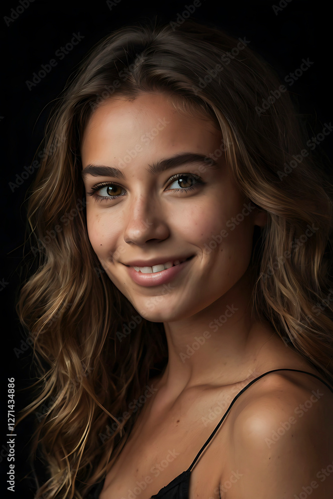 Studio portrait of an attractive middle aged woman with toothy smile wearing turtleneck sweater while sitting at isolated dark background. Studio portrait of an attractive middle aged woman with toothy smile wearing turtleneck sweater while sitting at isolated dark background.