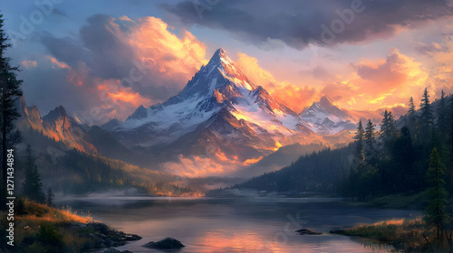 Majestic mountain landscape at sunset with serene lake and vibrant sky.