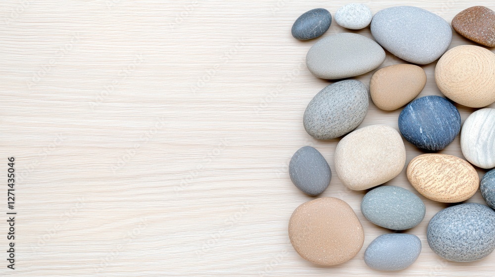 Assorted smooth stones on light wooden surface Assorted smooth stones on light wooden surface