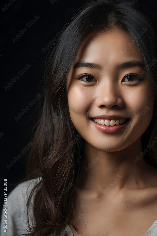 Happy asian woman in t-shirt posing and looking at the camera over black background Happy asian woman in t-shirt posing and looking at the camera over black background