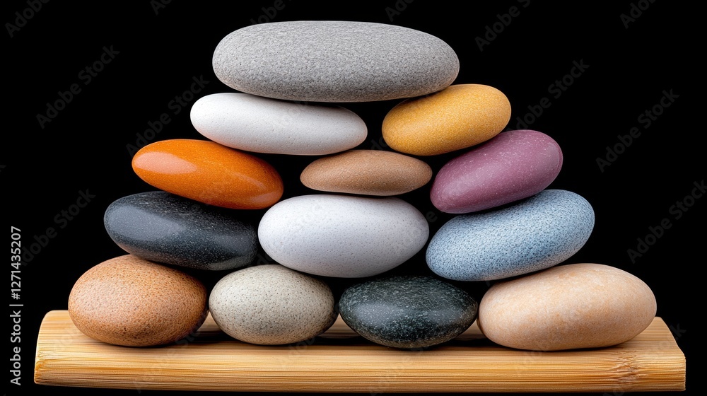Balanced stack of colorful stones on wooden base against black background Balanced stack of colorful stones on wooden base against black background
