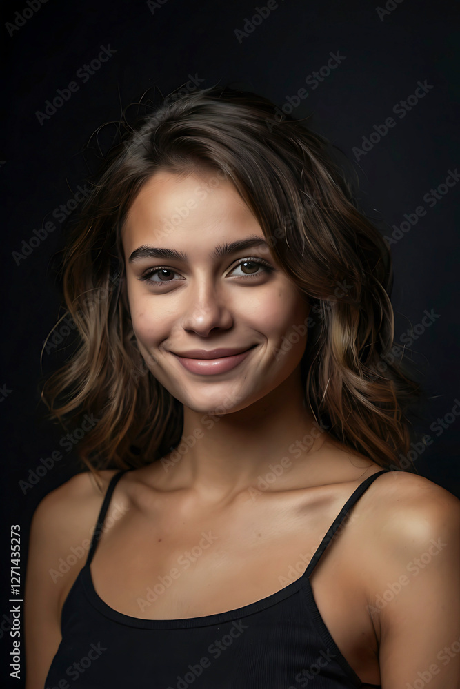 Close-up of an attractive middle aged woman with toothy smile wearing black turtleneck sweater while staning at isolated dark background. Copy space. Studio shot. Close-up of an attractive middle aged woman with toothy smile wearing black turtleneck sweater while staning at isolated dark background. Copy space. Studio shot.