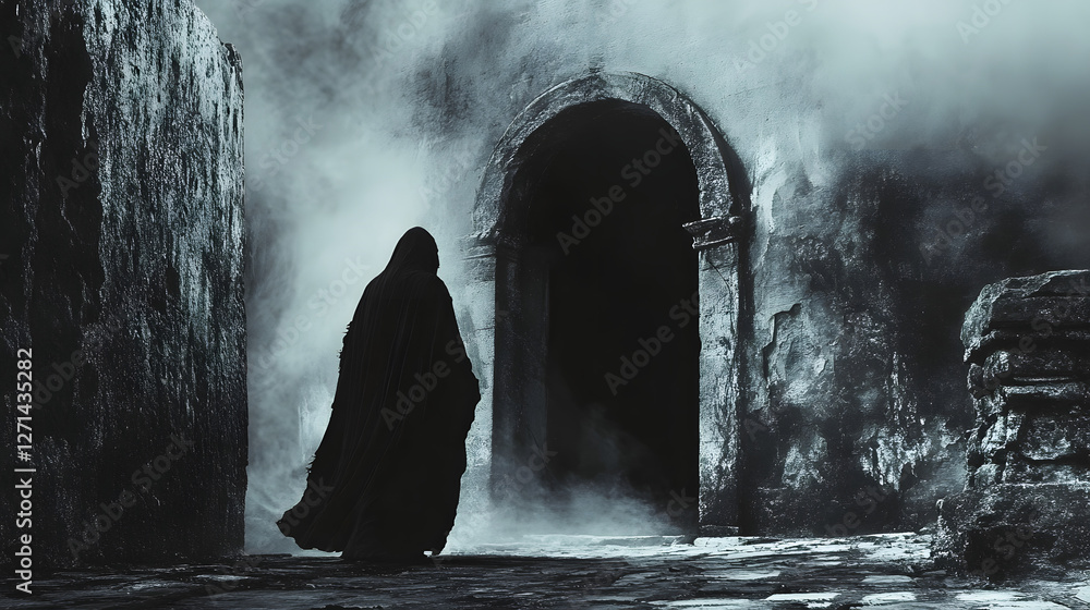 A shadowy figure in a tattered cloak stands before an ancient stone doorway, the air thick with foreboding energy and whispers. A shadowy figure in a tattered cloak stands before an ancient stone doorway, the air thick with foreboding energy and whispers.