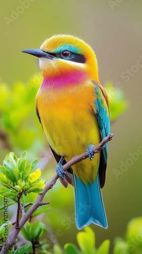 Colorful bird perched on branch amid blooming flowers during spring season