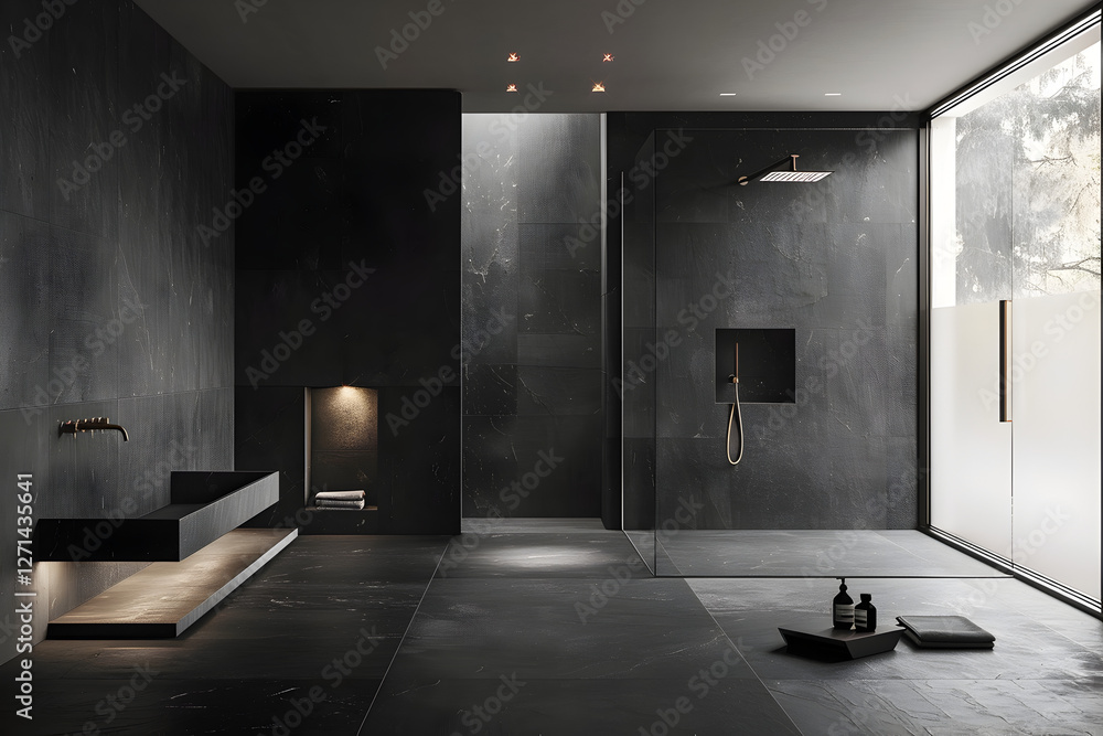 Fototapeta premium Modern bathroom design featuring dark tones and minimalist elements.