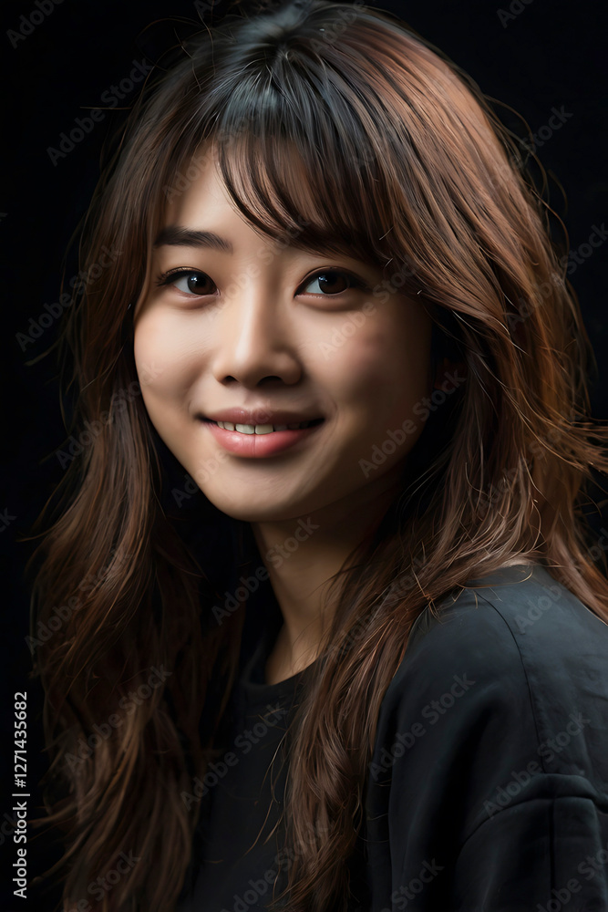 Close-up portrait of naked Asian woman smiling and looking at camera. Happy lady with long black hair posing in studio isolated on dark background. Close-up portrait of naked Asian woman smiling and looking at camera. Happy lady with long black hair posing in studio isolated on dark background.