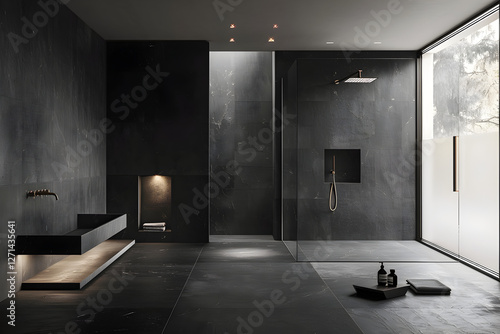 Modern bathroom design featuring dark tones and minimalist elements.