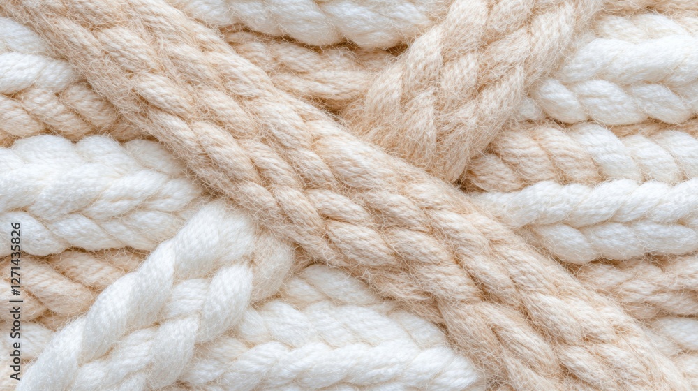 Close-up of white and beige braided wool texture for cozy design concepts Close-up of white and beige braided wool texture for cozy design concepts