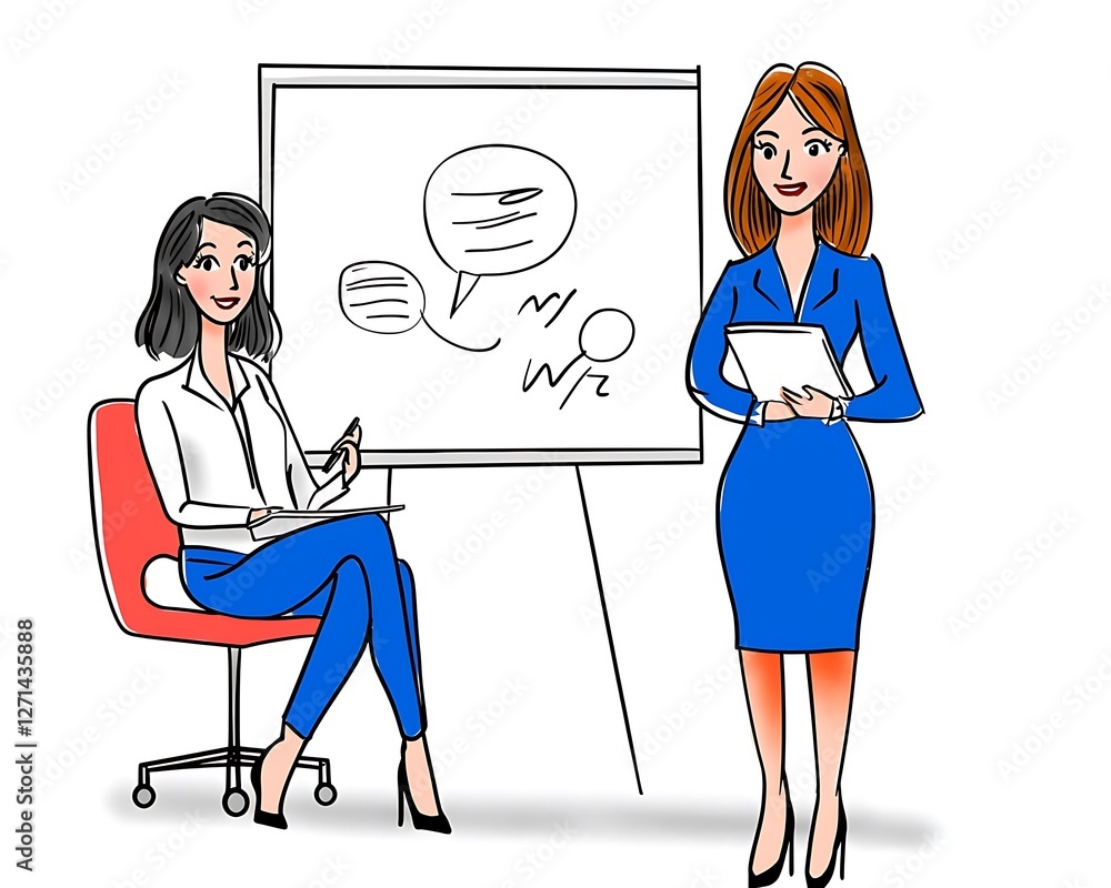 Two businesswomen discussing ideas at a presentation Two businesswomen discussing ideas at a presentation