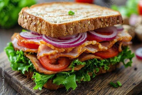 Satisfying sandwich stacked with fresh ingredients including lettuce and toma...