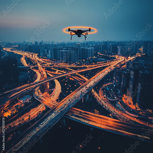 Drone over illuminated city highway interchange at dusk photo