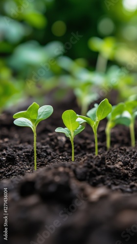 New seedlings emerge from dark soil in bright sunlight on a warm day in a garden
