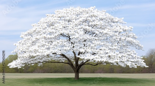 Magnificent blooming dogwood tree on a serene spring day in the countryside