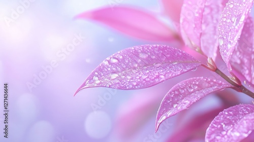 Delicate pink leaves with dew drops against a soft pastel background