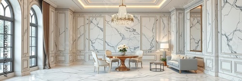 Modern luxurious condominium lobby with high ceilings, elegant lighting, contemporary furniture, and marble accents, marble, contemporary