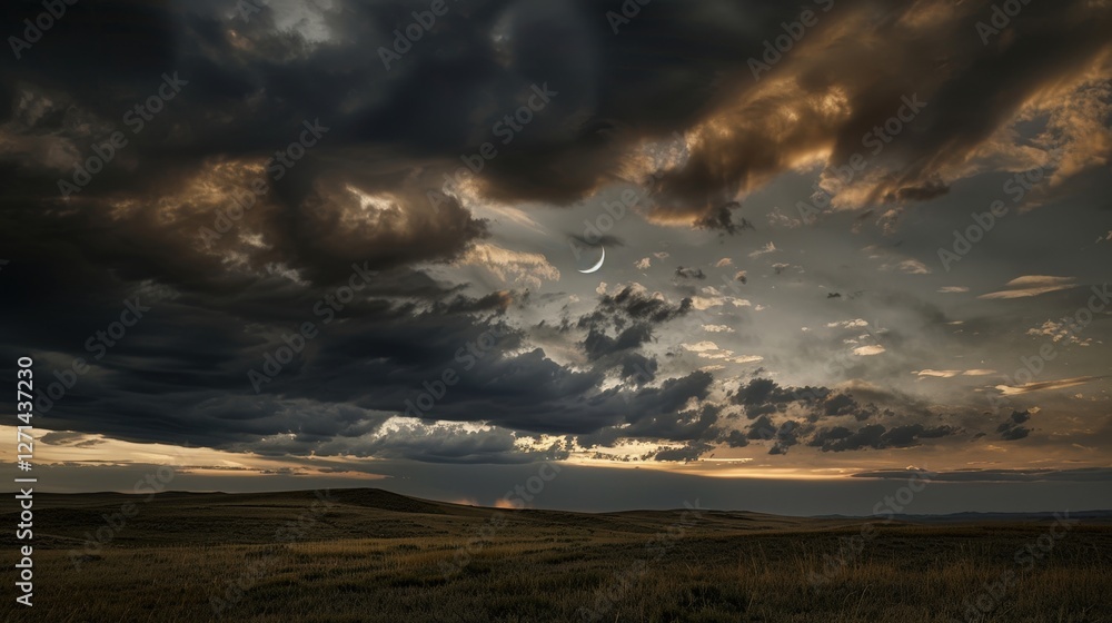 Obraz premium A grand view of the moon partially obscured by dark clouds, casting an eerie glow over a landscape