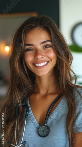 Smiling woman wearing headphones in cozy indoor setting with natural light du...