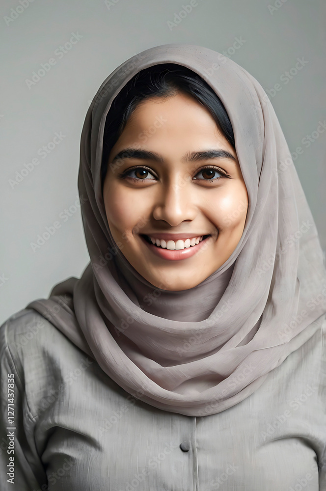 Joyful Smile of a Young Woman with a Soft White Hijab Joyful Smile of a Young Woman with a Soft White Hijab
