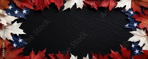 Patriotic Autumn Leaves Frame with American Flag Elements on a Textured Dark Background Image