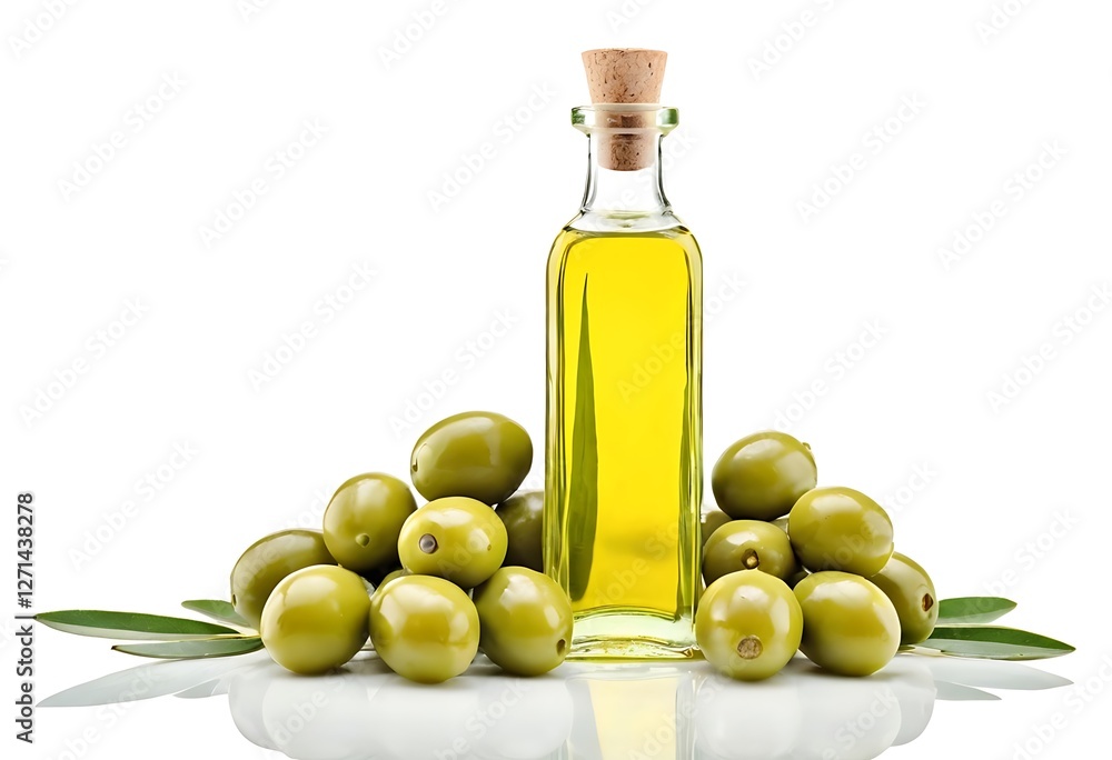 Olive oil in a glass bottle and green olives with leaves isolated on white background,olive, leaf, glasses, liquid, mediterranean, oil, 1565 Olive oil in a glass bottle and green olives with leaves isolated on white background,olive, leaf, glasses, liquid, mediterranean, oil, 1565