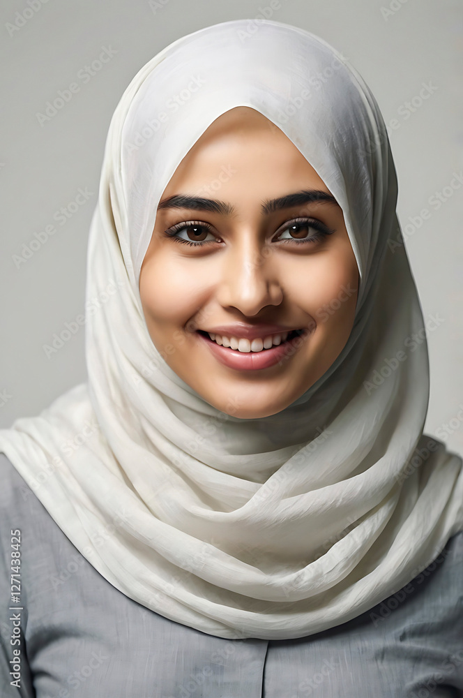 Bright Smile of a Young Woman in a Light Gray Hijab Bright Smile of a Young Woman in a Light Gray Hijab