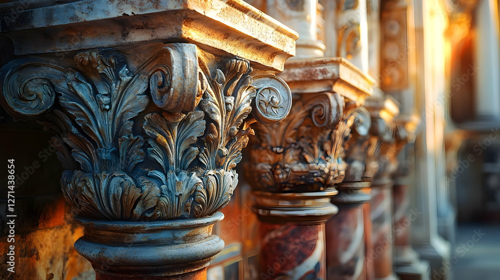 Fototapeta premium Ornate architectural columns with intricate designs and warm lighting.