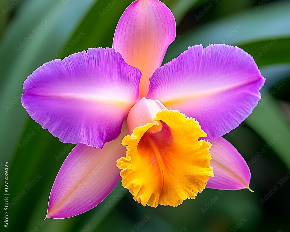 Vibrant orchid blossom in a greenhouse setting Vibrant orchid blossom in a greenhouse setting