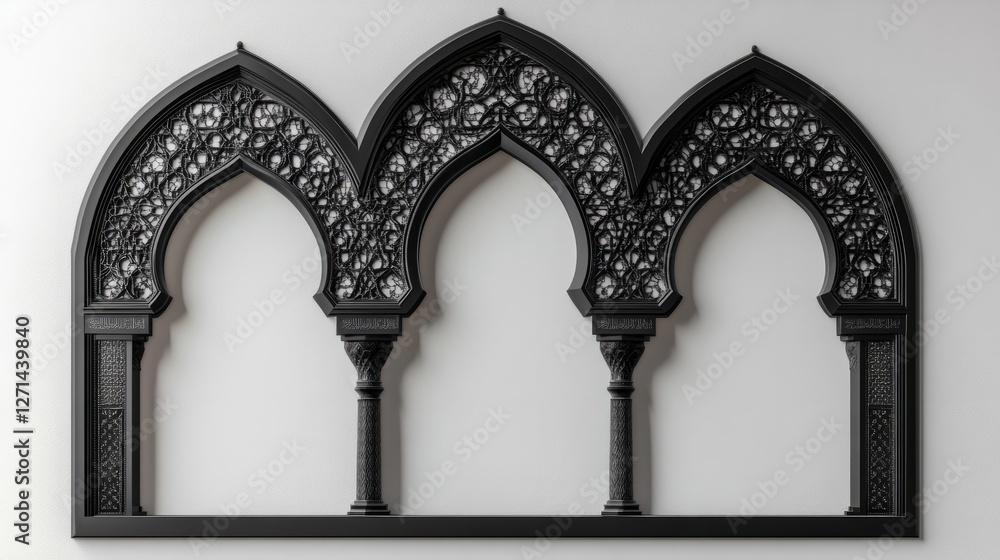 Naklejka premium Ornate Arabic window frame with black silhouette, Eid Mubarak arches and Moroccan gate borders, Ramadan decorative features