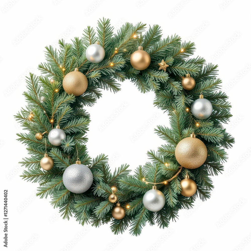 Festive Holiday Wreath Adorned with Gold and Silver Ornaments for Seasonal Celebrations Festive Holiday Wreath Adorned with Gold and Silver Ornaments for Seasonal Celebrations